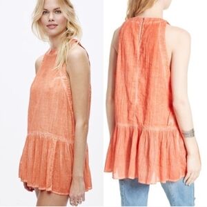 FREE PEOPLE Orange Distressed Peplum Pleated Sleeveless Tunic Top Shirt Sz Small